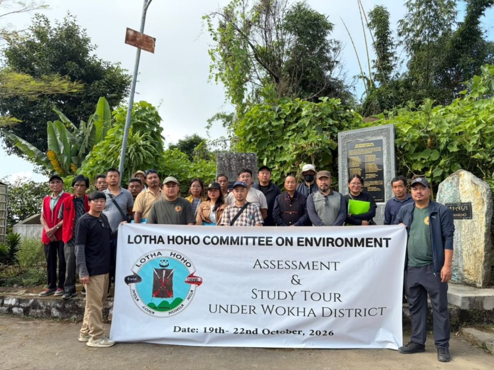Members of the Lotha Hoho Committee on Environment pose behind a banner during their assessment and study tour under Wokha District, on October 19.
